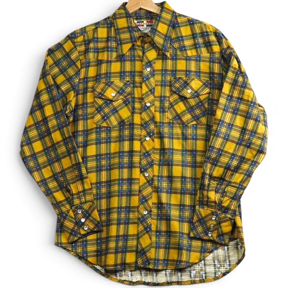 VTG 70s Trafalgar Mens Western Flannel L Yellow Plaid Pearl Snap Deadstock Rodeo
